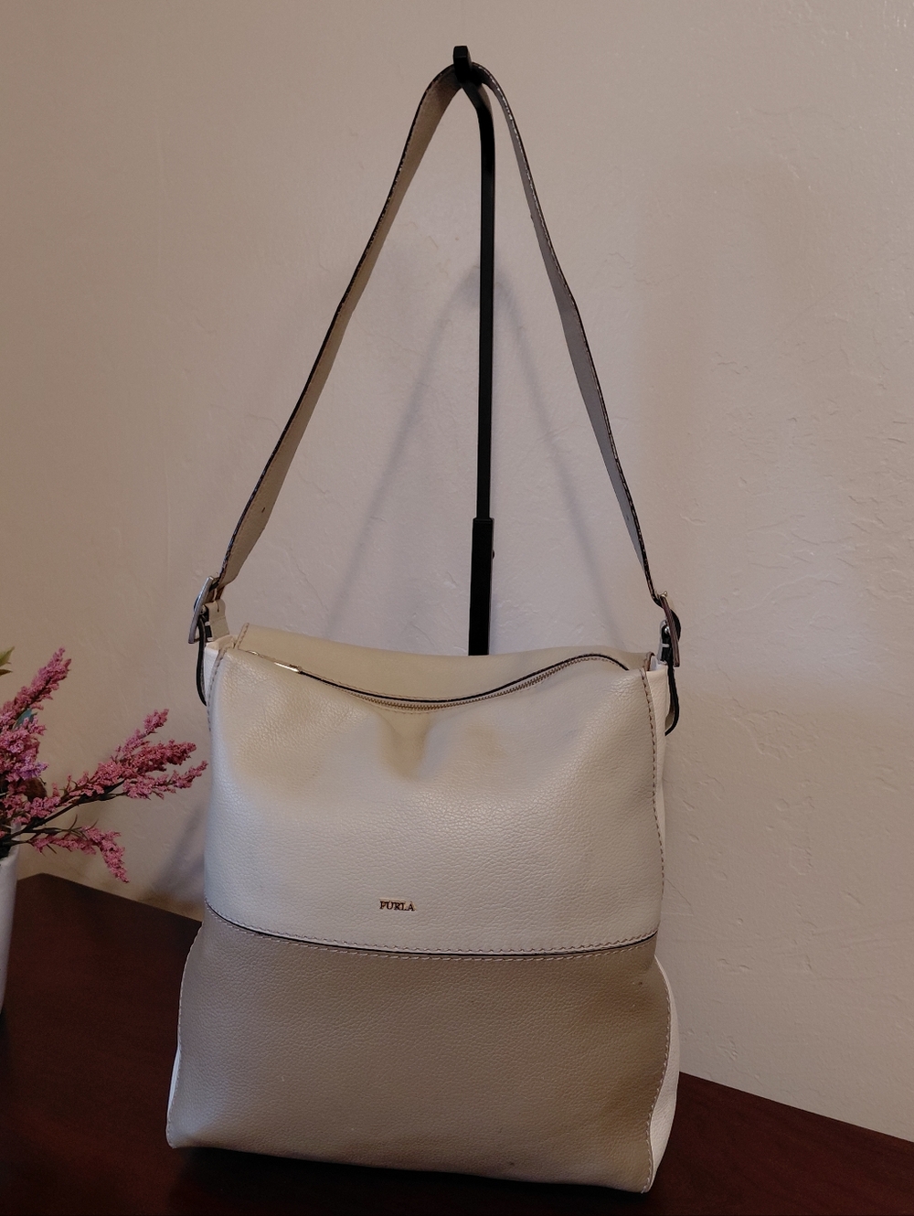 Furla Color Block Shoulder Bag in Pebbled Leather Cream, Tan & White